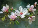 Schilderij van een magnoliatak met meerdere bloesems tegen een donkergroene achtergrond