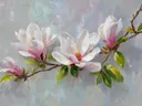 Schilderij van een magnoliatak met bloesems tegen een lichte pastelachtergrond