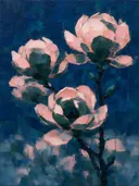 Magnolia van dichtbij in groenroze, schilderij van magnolia aan de oever