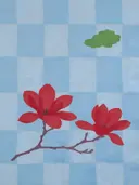 Schilderij van magnolia van dichtbij in hemelblauw en klaproosrood
