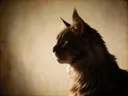 Studioportret van Maine Coon en profil, tegen een geschilderd doek in creme