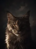 Studioportret van Maine Coon van voren, tegen een geschilderd doek in houtskool