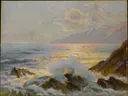 Maine Seascape van Constantin Westchiloff: zee met golven, rotsen, branding en zonsondergang, in blauw met roze