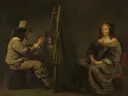 Maler und Modell van Kring van Mathieu Le Nain: figuren met schilder, ezel, model en atelier, in gedempt bruin en grijs