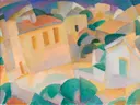 Mallorca, Terreno van Leo Gestel: landschap met huizen, heuvels, zuiden en zee, in roze groen en blauw