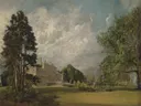 Malvern Hall, Warwickshire van John Constable: landschap met landhuis, bomen, gazon en wolken, in zacht groen en beige