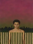 Man bij het hek in magenta en olijfgroen, landschap schilderij