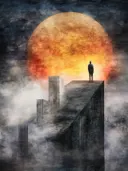 Silhouet van een man die op de rand van een hoog gebouw staat en naar een grote oranje zon kijkt boven een mistige stad