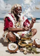 Man met witte baard knielt bij een bronzen pot op het strand