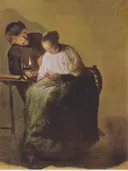 Man die een vrouw geld aanbiedt van Judith Leyster: interieur met vrouw, naaien, kaarslicht en man, in donker met blauw en geel