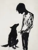Silhouet van man die naar zijn hond kijkt
