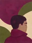 Schilderij van man en profiel in bordeaux en olijf, in vlakke kleurvlakken