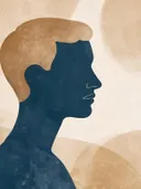 Man en profil in denimblauw, mid-century modern schilderij