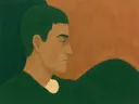 Schilderij van man en profil in dennengroen en klei, in vlakke kleurvlakken