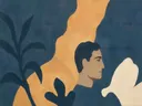 Schilderij van man en profil in grijsblauw en abrikoos, in vlakke kleurvlakken