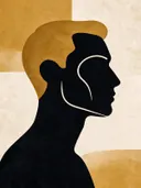 Man en profil in oker, mid-century modern schilderij