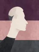 Man en profil in pruim, mid-century modern schilderij