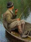 Man Fishing van Pekka Halonen: figuren met visser, roeiboot, hengel en water, in gedempt groen en grijs