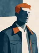 Man in colbert in leiblauw, mid-century modern schilderij
