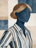 Man in gestreept overhemd in denimblauw, mid-century modern schilderij