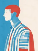 Man in gestreept overhemd in hemelsblauw, mid-century modern schilderij