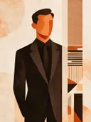 Man in pak in mandarijn, mid-century modern schilderij