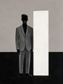 Man in pak in warmgrijs, mid-century modern schilderij