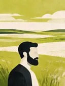 Man met baard in chartreuse, mid-century modern schilderij