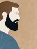 Man met baard in denimblauw, mid-century modern schilderij