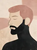 Man met baard in kleiroze, mid-century modern schilderij