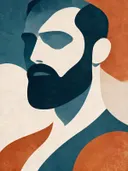Man met baard in leiblauw, mid-century modern schilderij