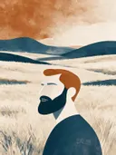 Man met baard in leiblauw, mid-century modern schilderij