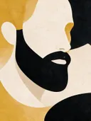Man met baard in mosterdgeel, mid-century modern schilderij