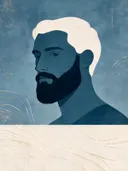 Man met baard in stormblauw, mid-century modern schilderij