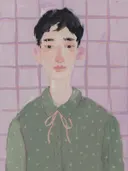 Man met groene stippenblouse schilderij, geschilderd portret op lila achtergrond