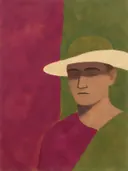 Schilderij van man met hoed in magenta en olijfgroen, in vlakke kleurvlakken