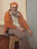 Klassiek geschilderd portret van een oudere man met grijze baard, bril en oranje baret