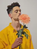 Geschilderd portret van een jonge man in een geel shirt die een grote oranje bloem vasthoudt.