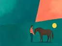 Man met paard in petrol en koraal, abstract schilderij