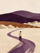 Man met pet in aubergine, mid-century modern schilderij