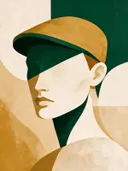 Man met pet in bosgroen, mid-century modern schilderij