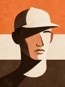 Man met pet in mandarijn, mid-century modern schilderij