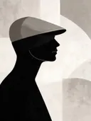 Man met pet in warmgrijs, mid-century modern schilderij