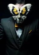 Man met vlindermasker schilderij, chic surrealistisch portret