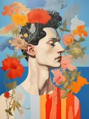 Portret van een man in profiel omringd door kleurrijke bloemen tegen een blauwe achtergrond.