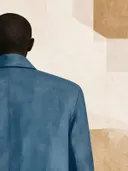 Man op de rug gezien in denimblauw, mid-century modern schilderij