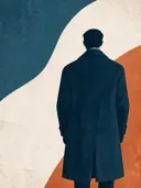 Man op de rug gezien in leiblauw, mid-century modern schilderij