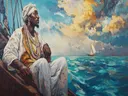 Schilderij van een man op een boot bij zonsondergang op zee