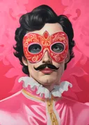 Man met roze maskerade-masker schilderij, klassiek portret