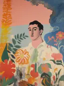 Kleurrijk modern portret van een jonge man tussen bloemen, vazen en bladeren
